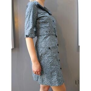 Retro Style Blue Leopard Dress Calypso Collared Button Down Belted Size M NEW